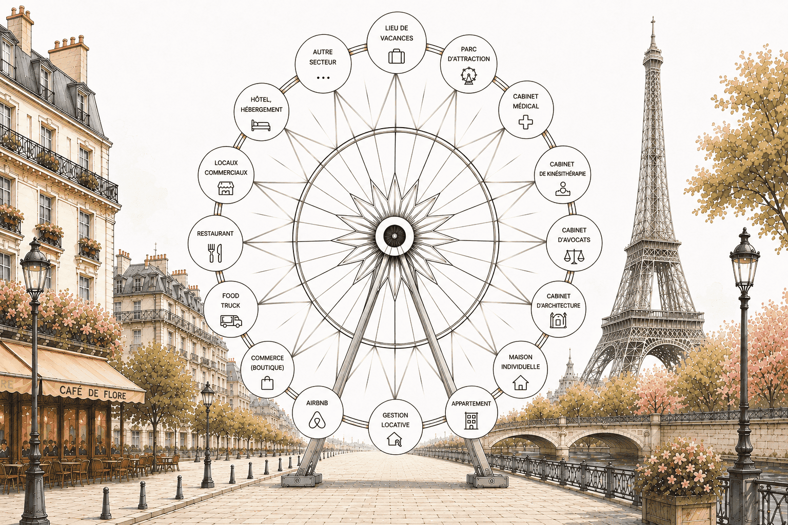 Paysage parisien stylisé — Seine, cafés, Tour Eiffel